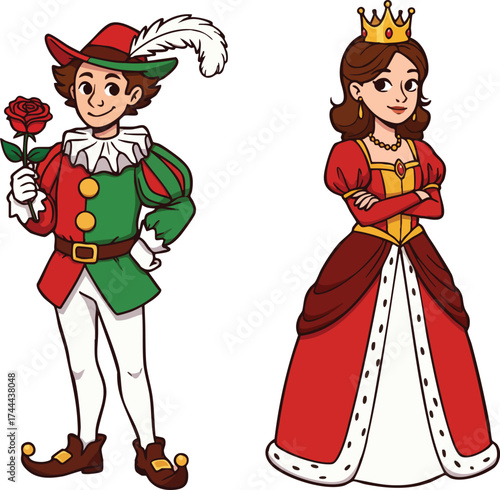 Prince and queen dressed in medieval royal costumes holding rose and wearing crown vector illustration 
