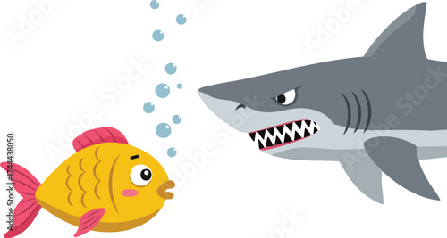 Cartoon fish and shark face to face underwater vector illustration with bubbles and colorful fins 
