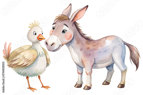 Watercolor Donkey with Goose Farm Animals Illustration Cute Country Scene Clipart