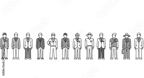 Diverse professionals lined up showcasing various careers and business attire in clean graphic style