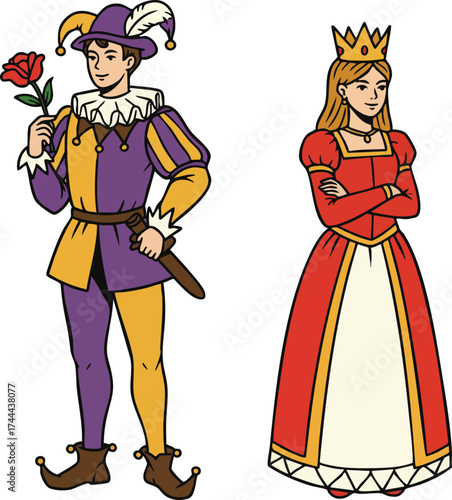 Jester and queen in colorful medieval costumes holding rose and standing with arms crossed vector illustration 