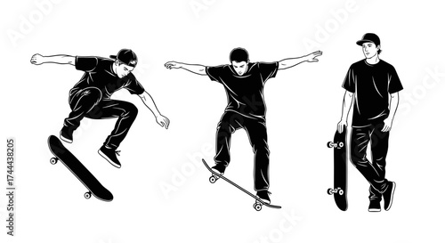 Dynamic skateboarders capture urban street style and extreme sports action in bold monochrome