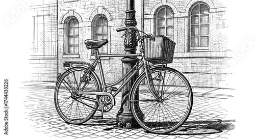 Vintage bicycle with basket parked by lamppost on cobblestone street, evoking timeless charm and exploration.