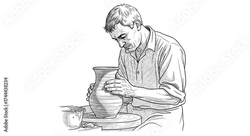 Master artisan shaping clay on a pottery wheel, creating beautiful ceramic art with focused dedication.