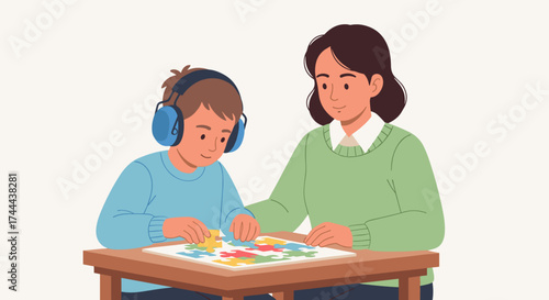 Child with headphones and adult playing a colorful puzzle, fostering focus and learning together