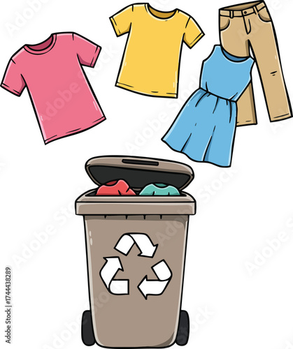 Recycling bin with colorful clothes being thrown as sustainable waste management vector illustration
