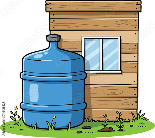 Large blue water container next to wooden shed with window on grass vector illustration 