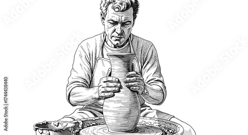 Skilled artisan shaping clay vessel on pottery wheel with intense focus and masterful hands