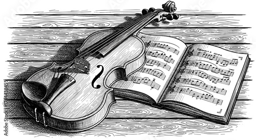 Timeless violin rests on wooden surface beside open sheet music, evoking classical elegance and artistic passion.