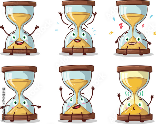 Cartoon hourglass characters, emotional time icons, cute sand timer illustration, funny expressions, deadline stress, patience concept, vector clipart, educational design