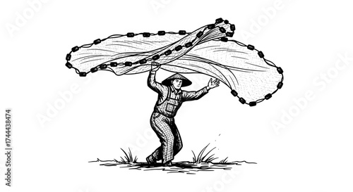 Skilled fisherman expertly casts a large net, symbolizing tradition and livelihood in coastal communities.