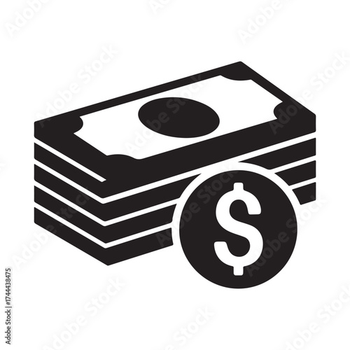 Vector art of a stack of us dollar bills with a dollar coin in front