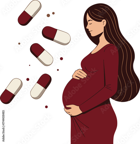 Pregnant woman in burgundy dress with capsules medication vector illustration showing pregnancy health concept