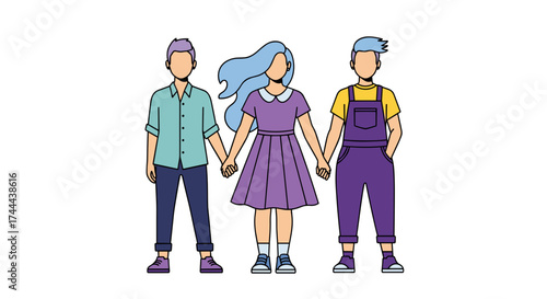 Diverse friends holding hands, celebrating unity, connection, and modern relationships with vibrant style.