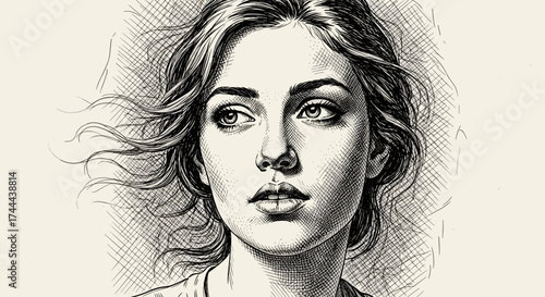 Captivating portrait of a thoughtful young woman with windswept hair, conveying introspection and beauty.
