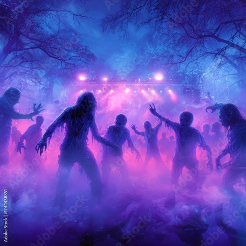 Halloween nightmares: clubbing with zombies. Poster illustration. Illuminated graveyard gala: zombies revel under dj's spell. Adventure poster. Cinema artwork.