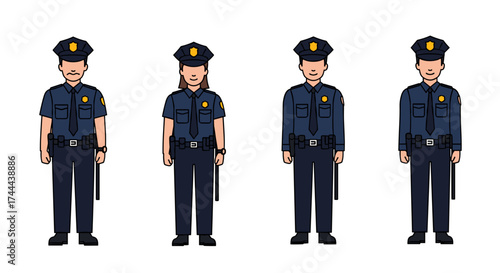 Diverse police officers in uniform stand ready to serve and protect community safety