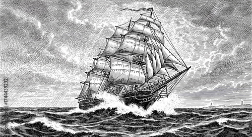 Majestic tall ship battles stormy seas with dramatic waves and cloudy skies above