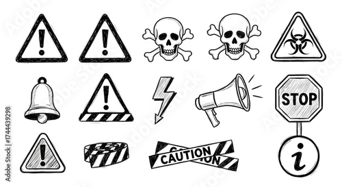 Urgent warning signs and safety icons alert to hazards, danger, and important information alerts