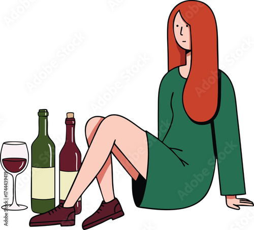 Young woman with long red hair sitting next to wine bottles and glass in casual outfit vector illustration 