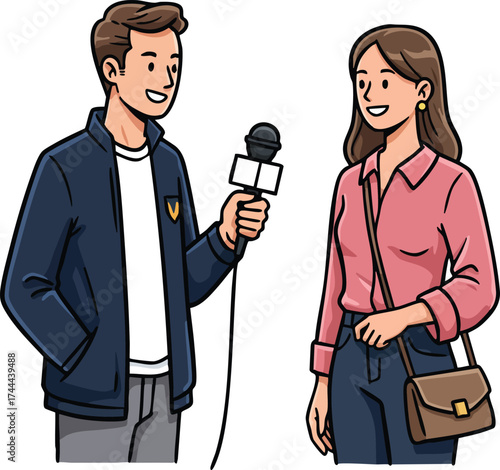 Young man interviewing woman with microphone in casual clothing vector illustration 