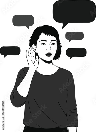 Woman listening carefully with speech bubbles around in monochrome vector illustration for communication concept