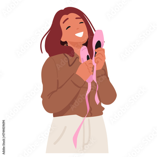 Dreamlike young woman cartoon character gently holding pointe shoes for ballet dancing portrait