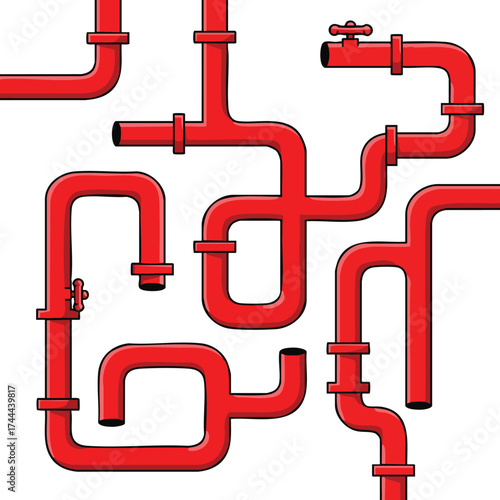 Red industrial plumbing pipes with valves and connectors isolated on white background vector illustration 