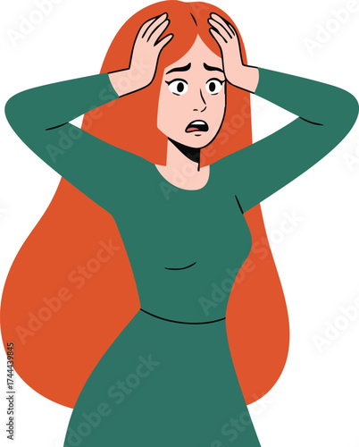 Red haired woman in green dress expressing shock and worry with hands on head vector illustration 