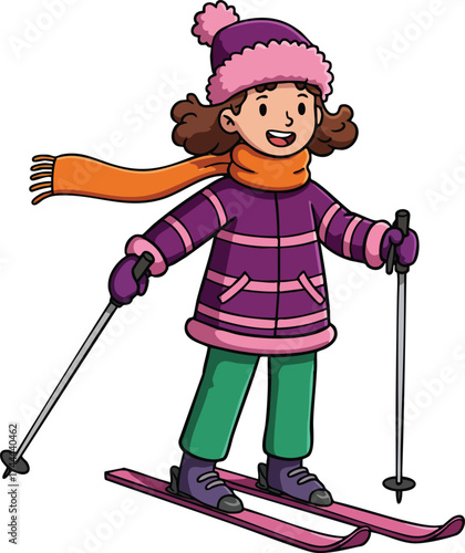 Girl skiing wearing purple jacket orange scarf and pink winter hat enjoying snow sport activity 