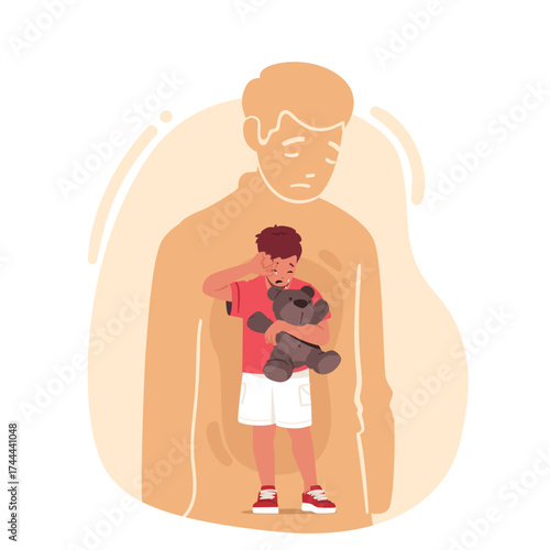 Unhappy sad adult man silhouette with little boy inner child carrying inside vector illustration