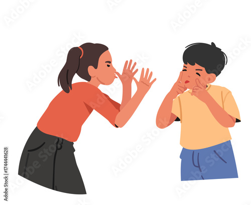 Little boy and girl making grimace faces and teasing each other isolated on white background