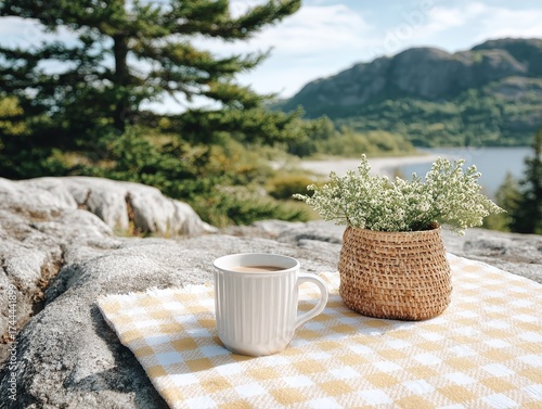 Morning coffee and wildflowers on a checkered blanket amidst a serene mountain lake landscape, perfect for a peaceful outdoor escape.
