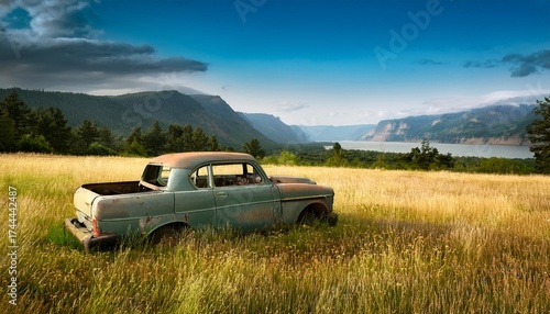 abandoned car in the field of the dalles of the columbia river gorge