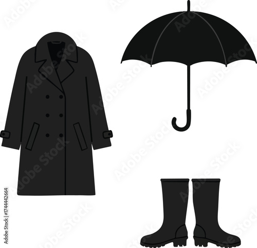Black raincoat umbrella and boots vector set for rainy weather protection and fashion accessories 