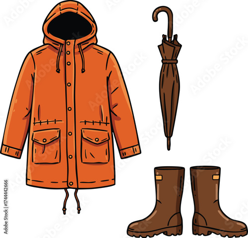 Orange raincoat with brown umbrella and boots vector illustration for rainy weather outfit preparation