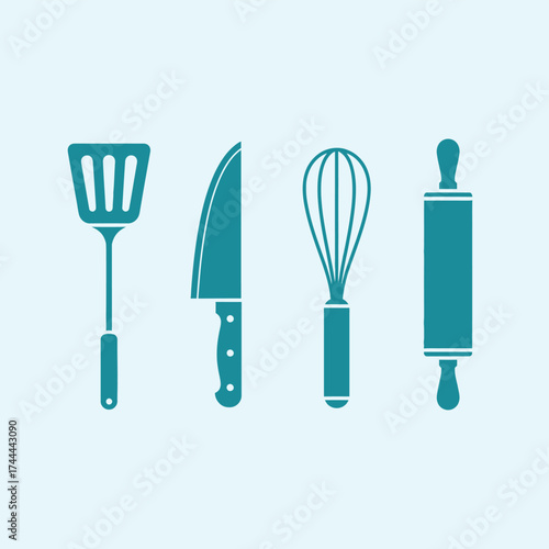 Flat design culinary utensils collection spatula knife whisk rolling pin kitchen tools