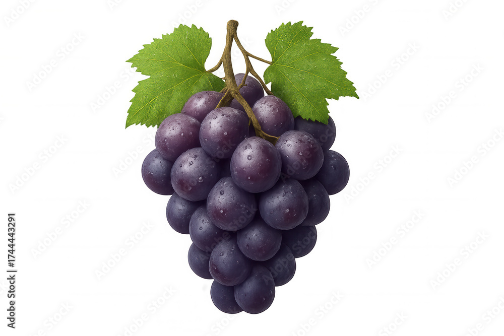 Fototapeta premium Fresh purple grapes bunch with vine and green leaves, water drops, raw fruit, transparent background