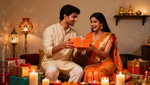 Couple exchanging gifts during a festive celebration at home