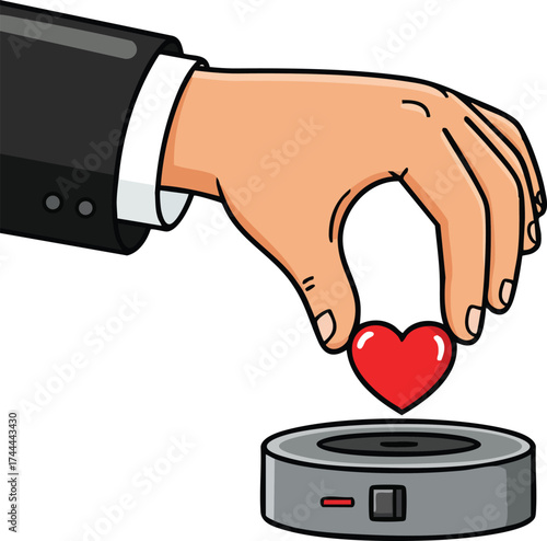 Hand in suit placing red heart into donation box symbolizing charity and giving generosity concept vector illustration