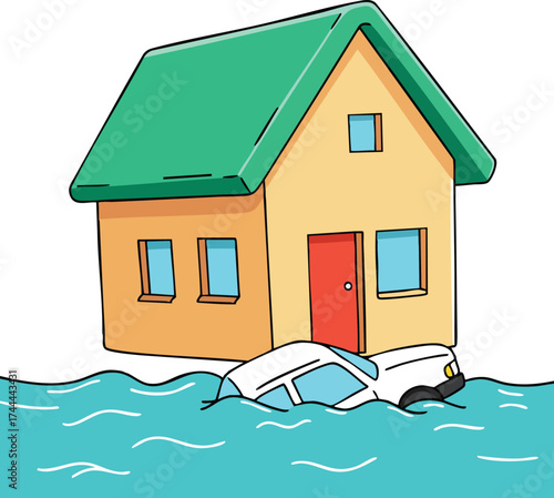 House with green roof and red door partially submerged in floodwater with a car in water natural disaster vector illustration 