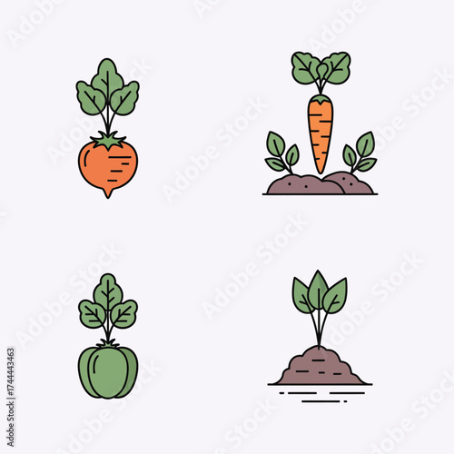 Farm fresh vegetable garden icons set beet carrot pumpkin seedling growing