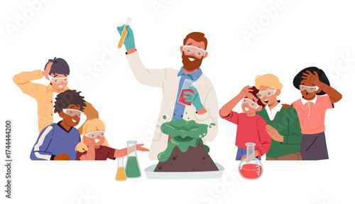 Children listening teacher watching representation of chemical experiment with reagents at lesson
