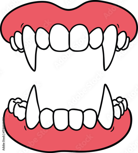 Vampire Fangs Open Mouth Showing Canine Teeth in Red Gums Vector Illustration for Halloween and Horror Themes