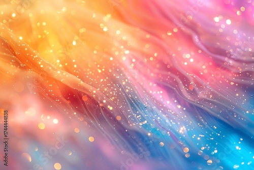 Bright Multicolor Flowing Fabric with Glittering Particles, Creating a Surreal and Ethereal Atmosphere