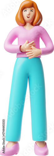 Happy woman with red hair, 3D vector cartoon female character wear pink blouse holding stomach from laughter full height
