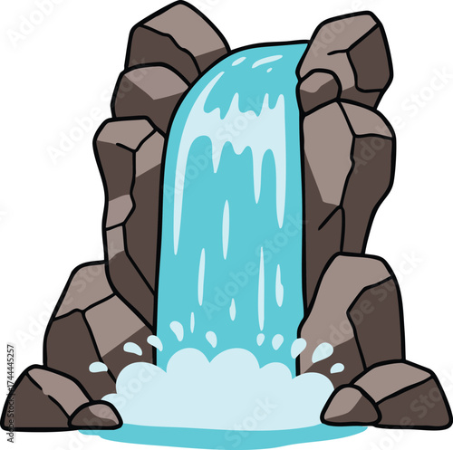 Waterfall with blue flowing water surrounded by brown rocks natural landscape vector illustration 