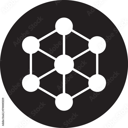 A complex sphere network connection symbol represents social business technology communication and web community