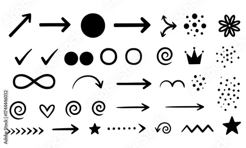 Dynamic collection of hand drawn graphic elements including arrows checkmarks circles hearts stars crowns and abstract shapes for creative design projects