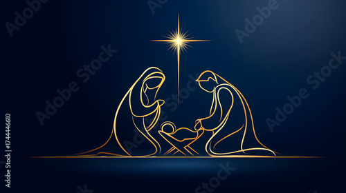 Nativity scene with Mary, Joseph, and baby Jesus under a shining star on a dark blue background